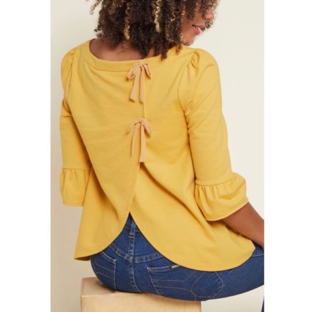 Modcloth Yellow Bow Back Ruffle Sleeve Pullover s